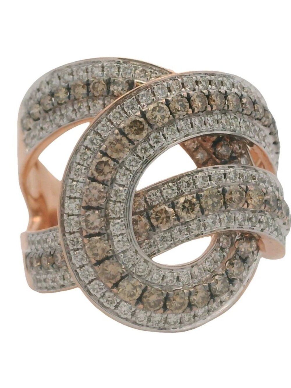 LeVian 14kt Rose Gold Cognac and White Diamonds Loop Knot Cocktail Ring Size 7